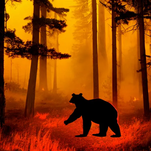 Image similar to lone bear in a forest on fire, dramatic lighting, night, realistic,