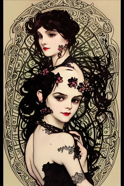 Prompt: A close-up portrait of a cute goth girl wearing a frilly black dress and a black lace choker by Alphonse Mucha, tattoos, art nouveau card, wlop, trending on artstation, 8k