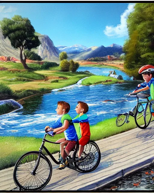 Prompt: two boys riding a bike near a river realistic highly detailed