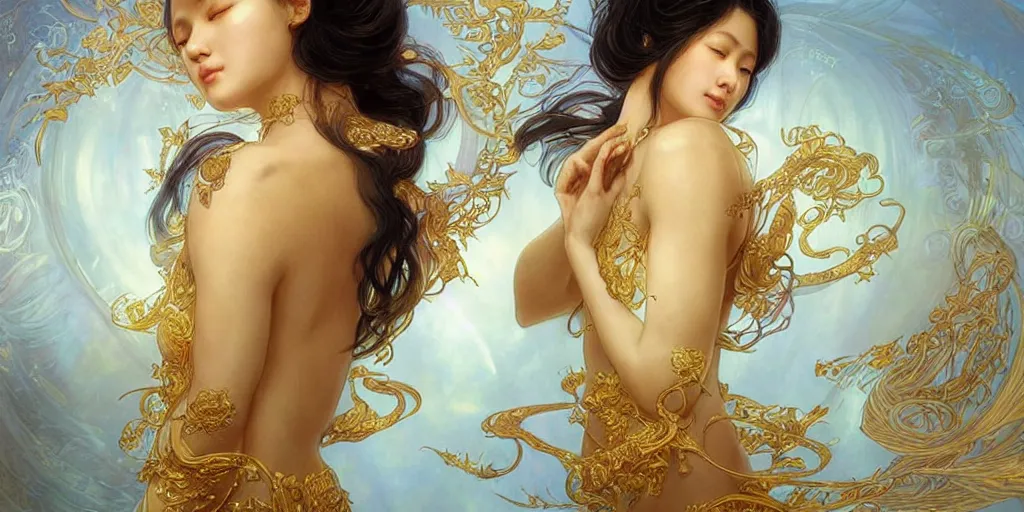 Image similar to asian nymph bald goddess, flowing golden silk twisting with whiten tattoos of cursive sigils on her opalescent skin, fantasy, intricate, very beautiful, elegant, golden light, highly detailed, art by artgerm and greg rutkowski and alphonse mucha