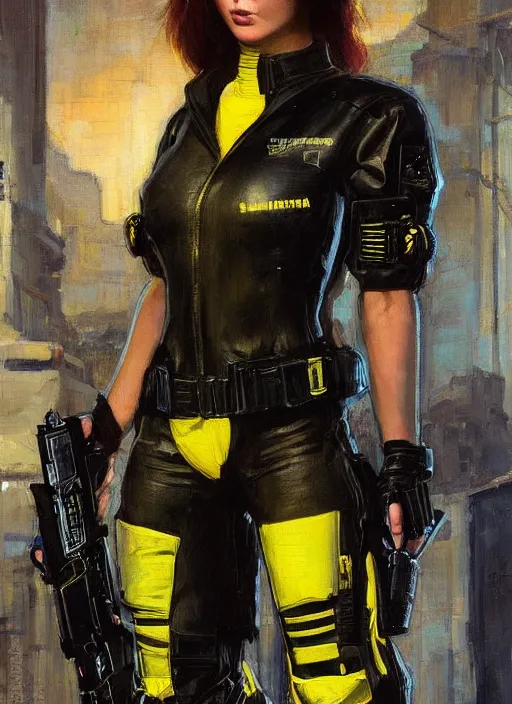 Image similar to Sophia Anders. beautiful cyberpunk female USN marine wearing a military vest and a black and yellow tactical jumpsuit (cyberpunk 2077, bladerunner 2049). gorgeous face. Iranian orientalist portrait by john william waterhouse and Edwin Longsden Long and Theodore Ralli and Nasreddine Dinet, oil on canvas. Cinematic, hyper realism, realistic proportions, dramatic lighting, high detail 4k