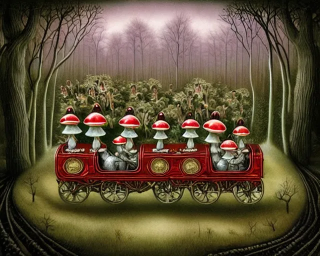 Prompt: intricate detailed mushroom elves riding train in a dark mysterious forest by mark ryden