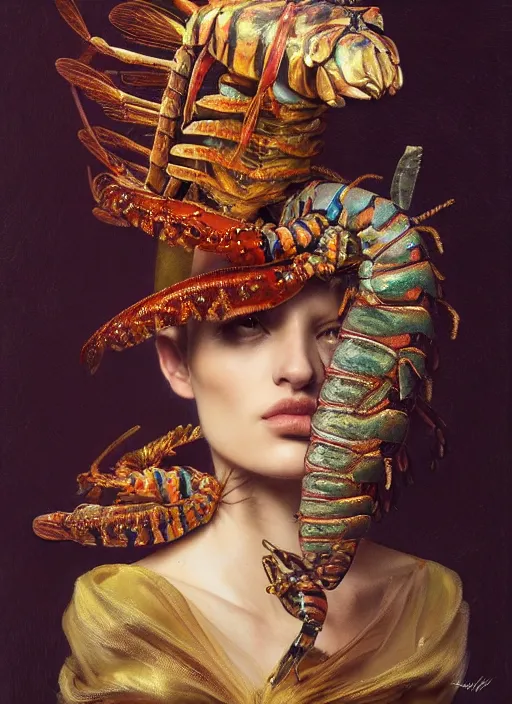 Image similar to highly detailed oil painting | very intricate | cinematic lighting | award - winning | mantis shrimp fashion by alexander mcqueen | by roberto ferri, by tom bagshaw, by j. c. leyendecker and klimt, american romanticism, by austin osman spare, artstation, cgsociety, official art, octane