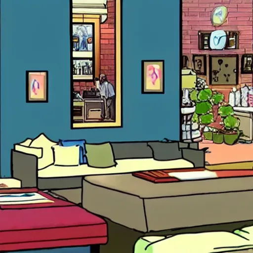 Prompt: Screenshot from Disney Pixar's Seinfeld (2022), inside Jerry's apartment