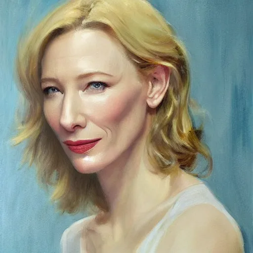 Image similar to cate blanchett in low-cut blouse in front of a mirror, painting by Vladimir Volegov