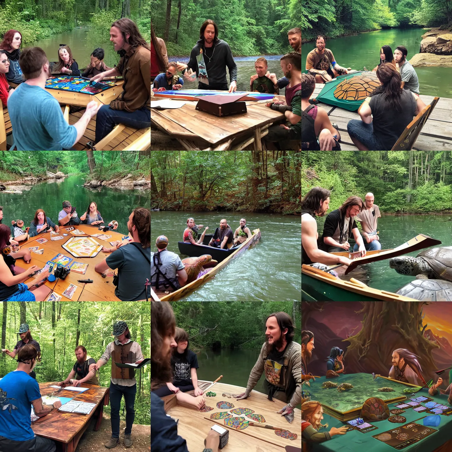 Prompt: Matt Mercer running a dnd session for a bunch of turtles, at a game table on a canoe, in a beautiful river alongside a forest, by noah bradley