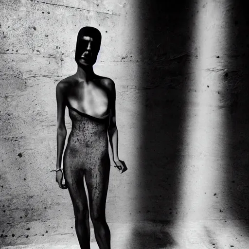 Image similar to fashion photography of an extraterrestrial model, wearing demobaza fashion, inside berghain, berlin fashion,, futuristic fashion, dark minimal outfit, photo 3 5 mm leica, hyperdetail, berghain, 8 k, very detailed, photo by cahun claude