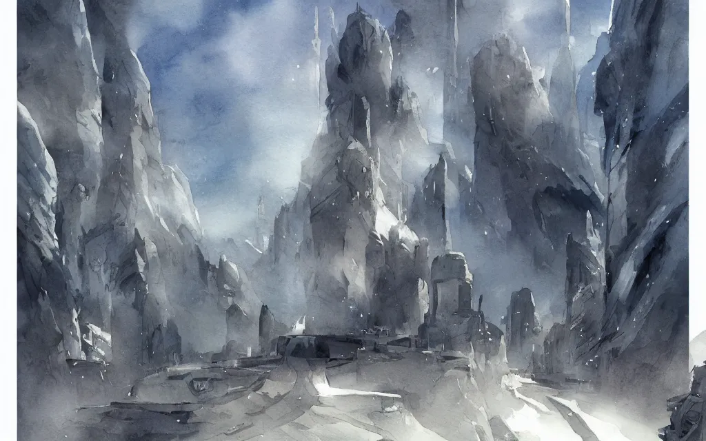 Prompt: Baldur\'s Gate, distant view, watercolor by Artstation