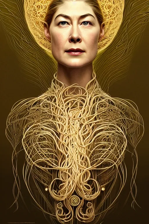 Image similar to young rosamund pike portrait as the flying spaghetti monster god, art deco, fantasy, intricate art deco designs, elegant, highly detailed fractals, sharp focus, art by artgerm and beeple and greg rutkowski and wlop