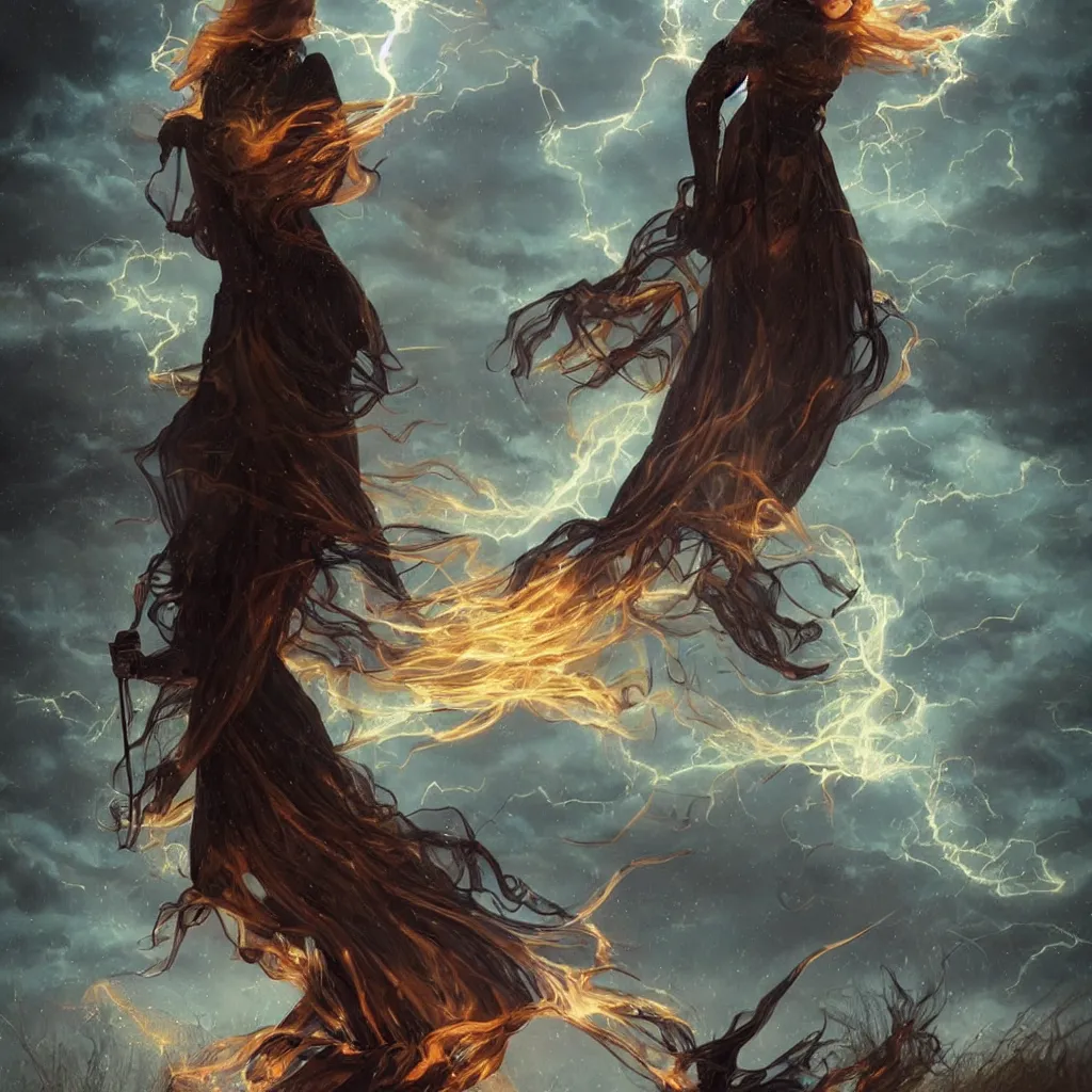 Image similar to dark towering magical firelightning storm, extreme drama, distant glowing figures, hdr, movie still, fully photorealistic, sharper luminescent focus, nd 6, art by john collier, albert aublet, krenz cushart, artem demura, alphonse mucha, diffuse lighting, artstation, smooth, textless, sharp focus,