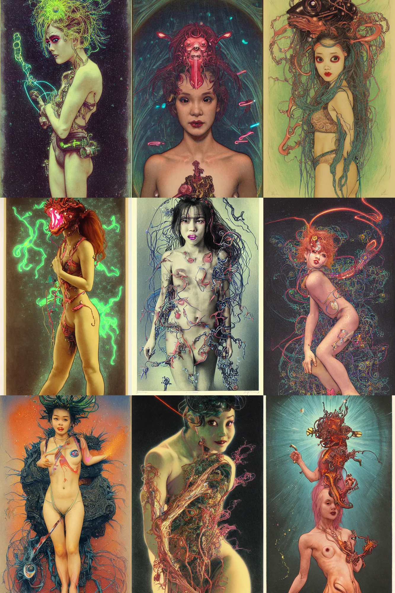 Prompt: gum bichromate print of awe-inspiring award-winning concept art full body face portrait painting of short stature, lithe, petite, attractive anglerfish cyberpunk Ashley Liao in neon shrouds as the goddess of lasers, sparks, by Julie Bell, Jean Delville, Virgil Finlay, Alphonse Mucha, Ayami Kojima, Amano, Charlie Bowater, Karol Bak, Greg Hildebrandt, Jean Delville, Frank Frazetta, Peter Kemp, and Pierre Puvis de Chavannesa, extremely moody lighting, glowing light and shadow, atmospheric, shadowy, cinematic, 8K,