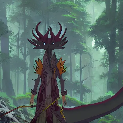 Image similar to concept art painting of an anthropomorphic dragon king with black robes, a long neck, and skull mask, in a deep forest, cel shaded, in the style of makoto shinkai and james gurney and studio ghibli and moebius