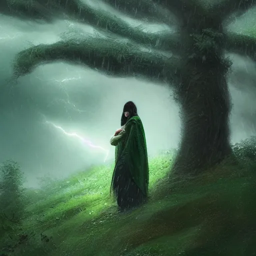 Image similar to a detailed picture of beautiful woman with black hair, wearing a green cloak, fleeing through a forest in a thunderstorm, riding a horse at night, viewed in profile, bolts of lightning, 4k, Greg Rutkowski