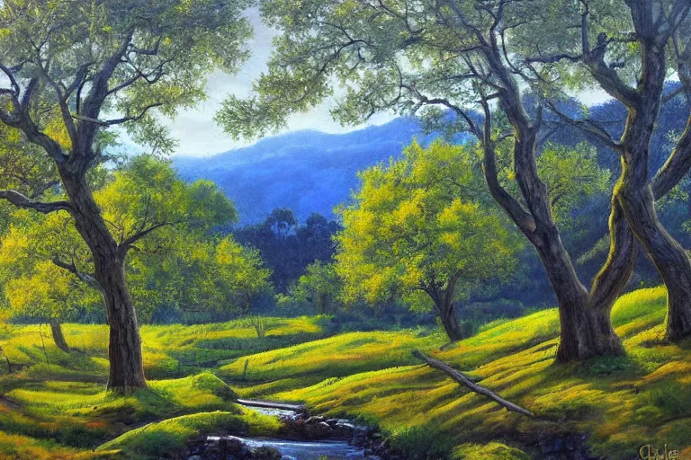 Prompt: masterpiece painting of oak trees on a hillside overlooking a creek, dramatic lighting, by cliff childs