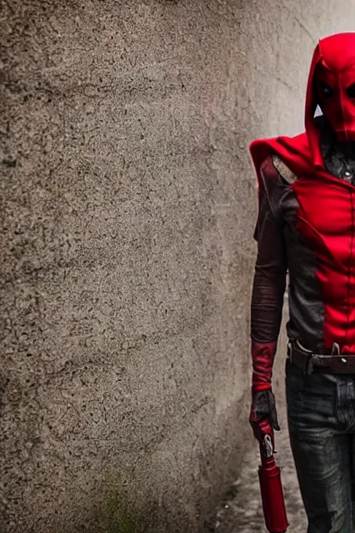 Image similar to red hood cosplay, creepy, disturbing, bloody