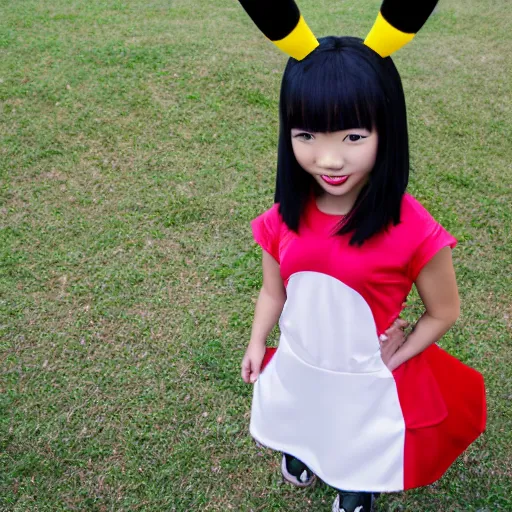 Image similar to upper half portrait, of a anthropomorphic asian girl wearing a pikatchu costume, far shot, 5 feet away