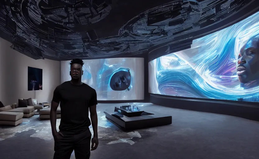 Image similar to portrait of handsome black genius wearing a white t - shirt and camo cargo pants in front several curved holographic displays, luxury condo interior, elegant atmosphere, glowing lights, highly detailed, digital painting, artstation, concept art, smooth, sharp focus, illustration, art by wlop, mars ravelo and greg rutkowski