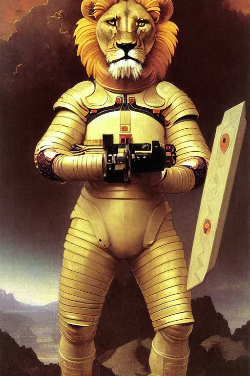 Prompt: portrait of a evil lion astronaut with chinese dragon armor and helmet, majestic, solemn, by bouguereau