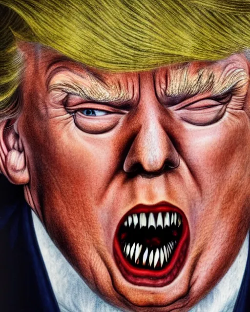 Image similar to donald trump as dracula with fangs out, character portrait, close up, concept art, intricate details, highly professionally detailed, hyperrealist, in the style of otto dix and h. r giger