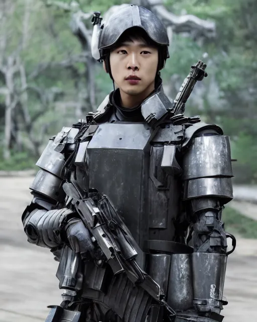 Image similar to Korean Actor Park Solomon as Kazuki Fuse in Live Action Jin Roh: The Wolf Brigade, wearing full armor holding his MG 42 machine Gun, Studio Lighting, Mamoru Ushii