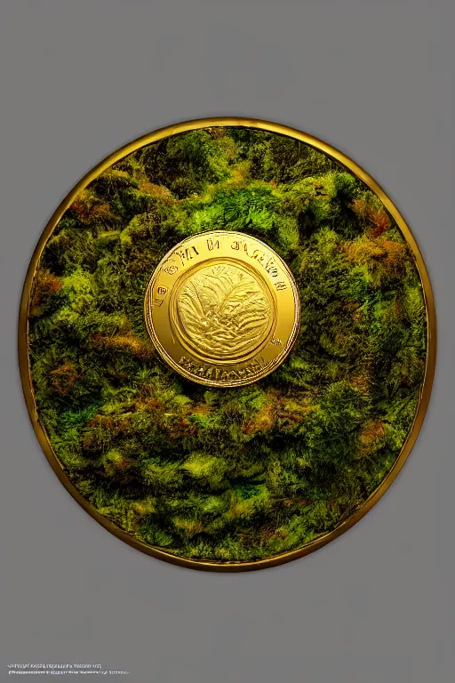 Image similar to SA magical gold coin on a bed of moss, dramatic lighting, cinematic, establishing shot, extremely high detail, foto realistic, cinematic lighting, post processed, concept art, high details, cinematic, 8k resolution, beautiful detailed, photorealistic, digital painting, artstation, concept art, smooth, sharp focus, artstation trending, octane render, unreal engine