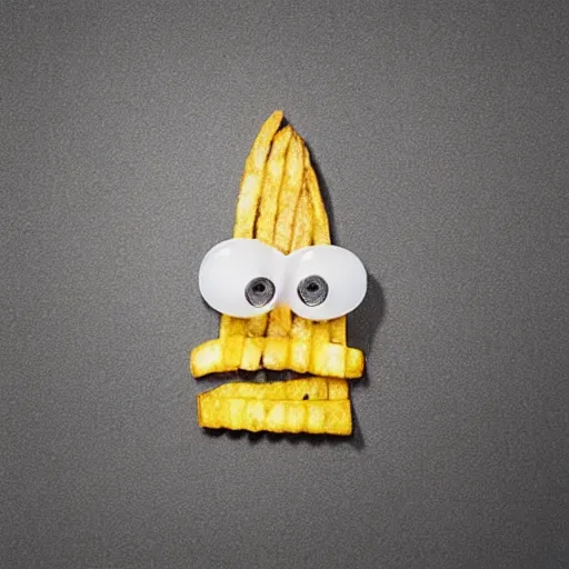 Image similar to photo of [ a single salted french fry chip ] shaped like that looks like stephen fry as a pixar character hybrid intercross mix cinematic lighting