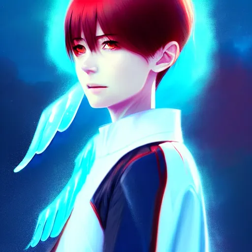 Image similar to giant droplets of water floating around rimuru tempest, flying with wings, sky blue straight hair, bangs, with amber eyes, red tailcoat, high collar, ultra fine detail, dark theme, digital painting, psychedelic, cinematic, wlop, pixiv, ilya kuvshinov, ross tran