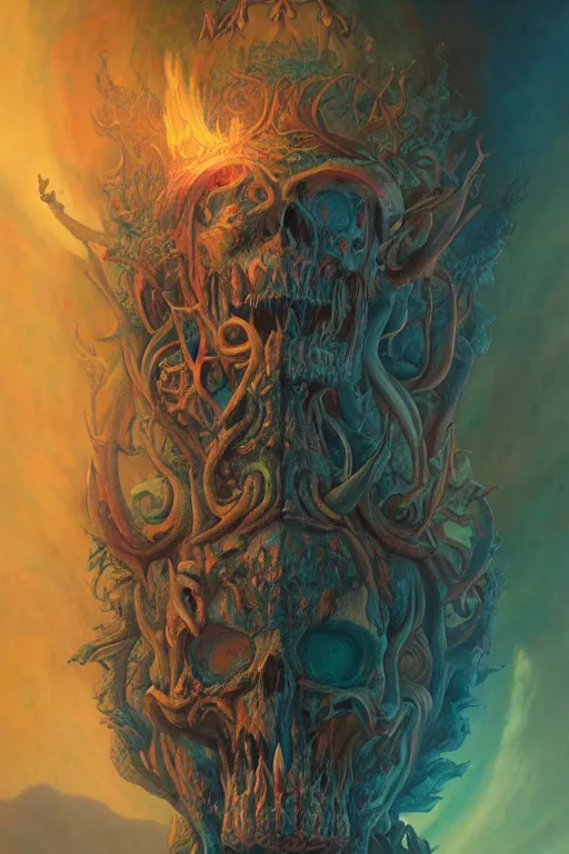 Image similar to gigantic psychedelic demonic skull lord of death and fire, fantasy painting, ultra realistic, wide angle, art nouveau, intricate details, rainbowshift, vivid colors, highly detailed by peter mohrbacher, h. r. giger, maxfield parrish, gaston bussiere, gustave dore, beksinski, craig mullins, octane render, cgi