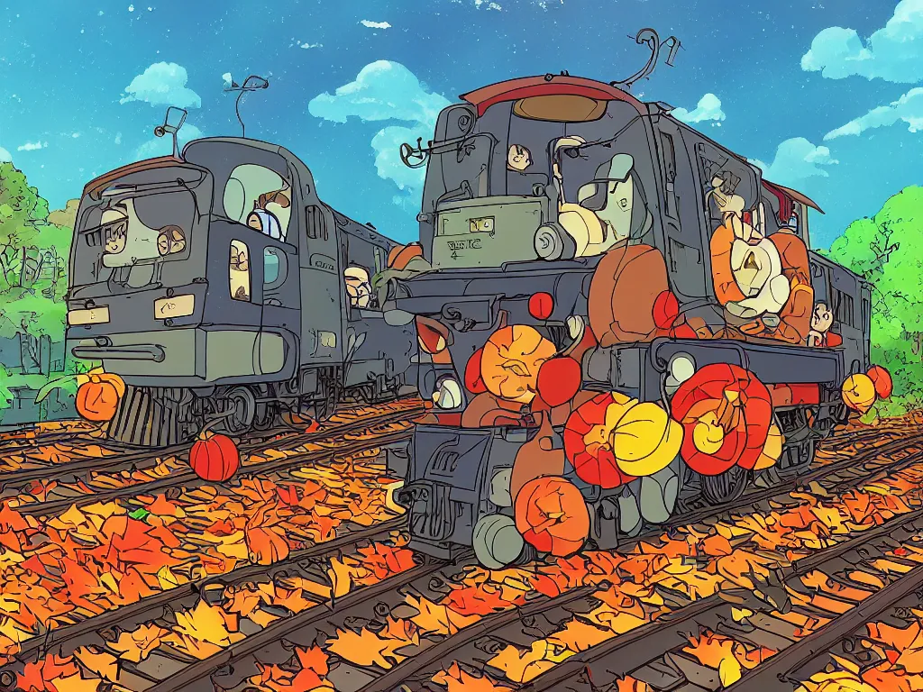 Image similar to longitudinal cut sideview of a anime train, digital art, autumn light, colorful, beautiful, inspired by studio ghibli, inspired by hayao miyazaki, concept art, manga, cute and adorable, illustration