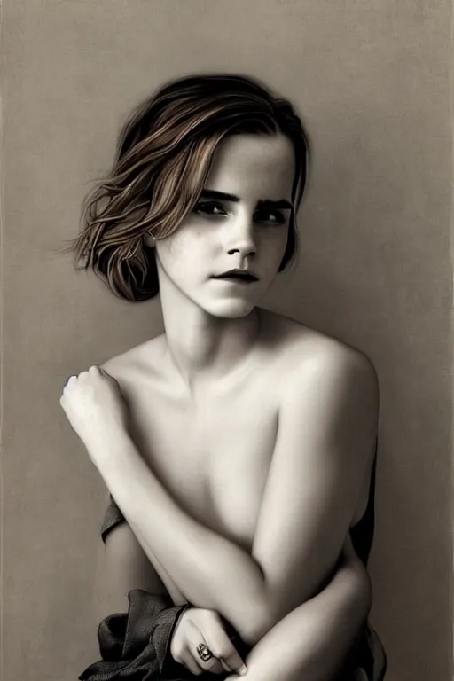 Image similar to emma watson gathered faille v - neck detailed portrait painting by gaston bussiere craig mullins j. c. leyendecker award winning photograph photorealsitic octane render photograph by richard avedon peter lindbergh monochrome studio lighting