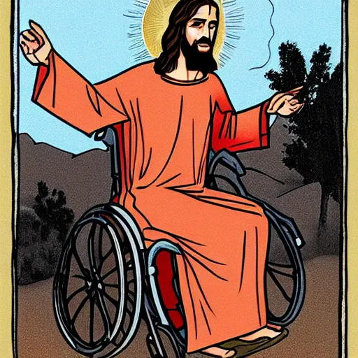 Image similar to jesus christ smoking a blunt, sitting in a wheelchair, biblically accurate