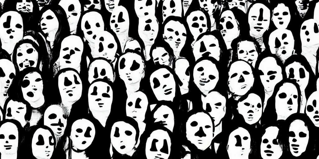 Prompt: the ghost world is full of faceless people in a faceless crowd, with black “emotion” lines on their featureless heads allowing you to appreciate their moods