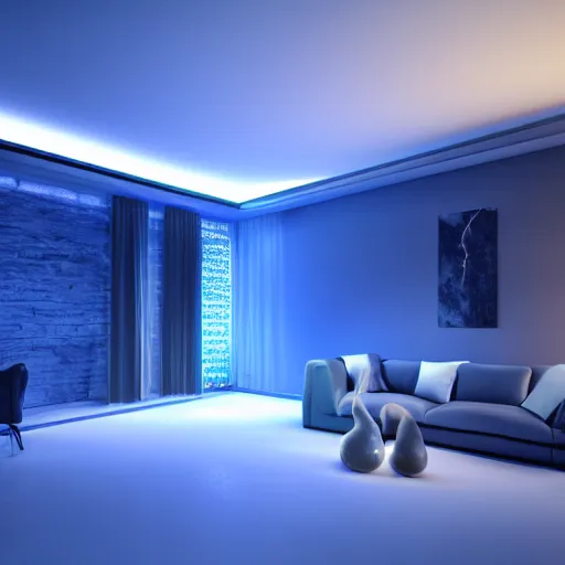 Prompt: futuristic looking living room, dark with blue neon lights, contrasted, dark floor, octane render