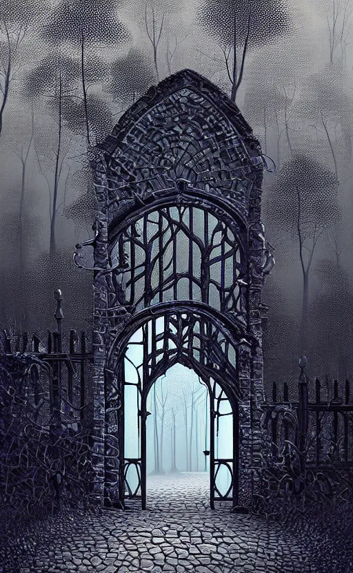 Image similar to beautiful digital painting high quality heavy iron gothic gate in the woods cobblestone ground by Eyvind Earle , ,artstation behance