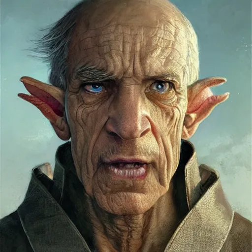 Prompt: A male elf in his late 50s looks both angry and sad, wrinkled olive coloured skin and a raised Fist, long blue robes depicting clock iconography, Detailed face, highly detailed, cinematic lighting, digital art painting by greg rutkowski.