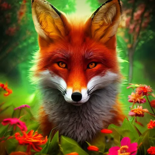 Image similar to Photorealistic magical fox with flowers. Hyperdetailed photorealism, 108 megapixels, amazing depth, glowing rich colors, powerful imagery, psychedelic Overtones, 3D finalrender, 3d shading, cinematic lighting, artstation concept art