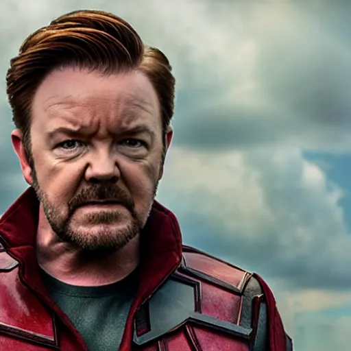 Image similar to ricky gervais as star lord, movie still, photorealistic, 8 k