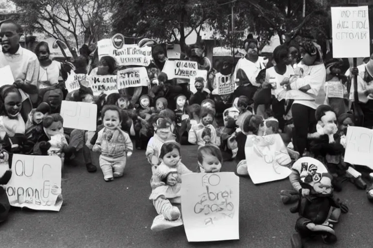 Image similar to babies protesting in front of a daycare center