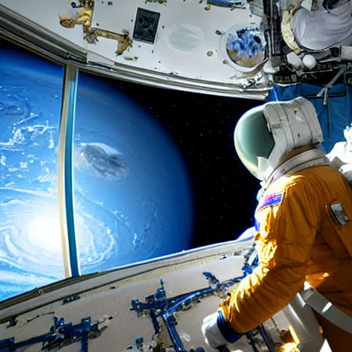 Image similar to astronaut looking at neptune through a spacecraft window