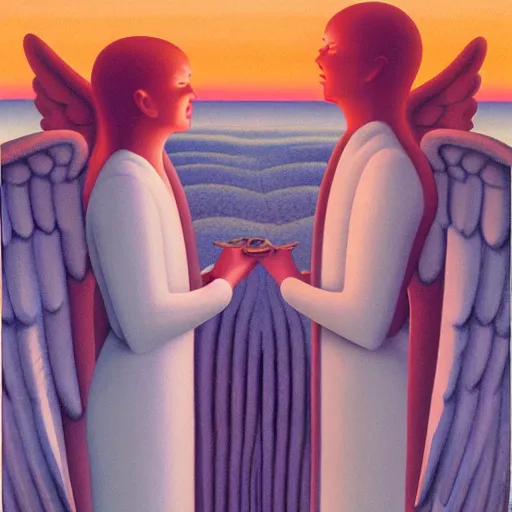 Image similar to Soul eating angels satisfy their hunger, light illumination at sunset, by George Tooker height 768