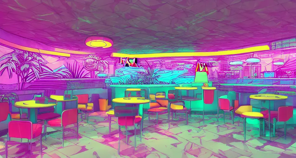 Image similar to 80s vaporwave outrun 3d Render of deep sea mcdonalds, liminal space retro, grainy, noisy