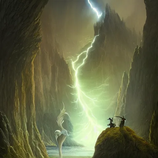 Image similar to a beautiful detailed realistic matte painting of a magical wizard looking towards a serene landscape with an eerie dark magic lightning portal to another dimension, by john howe and alexander skold and andreas rocha. vray, raytracing, detailed lighting, volumetric lighting, cinematic lighting, very wide shot, f 8