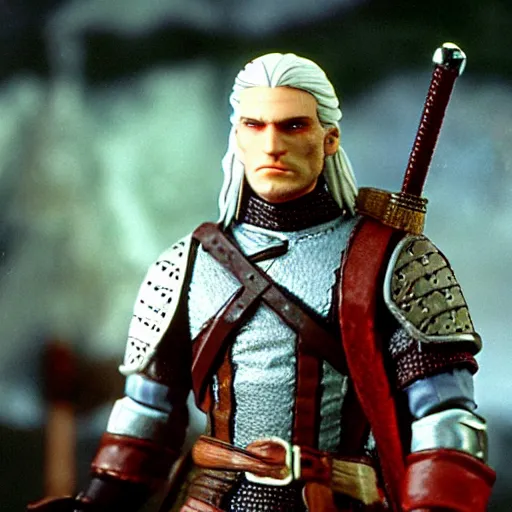 Prompt: Geralt of Rivia action figure and The Witcher playset commercial still from the 1980s