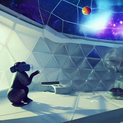 Prompt: a hyperrealistic 3D octane render of an elephant wearing virtual reality goggles, and playing a synthesizer keyboard, inside of a geodesic dome planetarium with planets and galaxies, trending on artstation, 8k, 4K, dramatic lighting, glowing, volumetric lighting, ray tracing, unreal engine