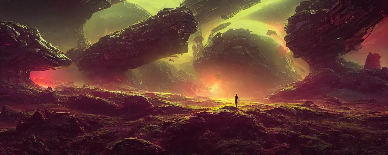 Image similar to ” mysterious and intimidating alien landscape, [ dangerous, cinematic, detailed, epic, widescreen, opening, establishing, mattepainting, photorealistic, realistic textures, octane render, art by slop and paul lehr ] ”