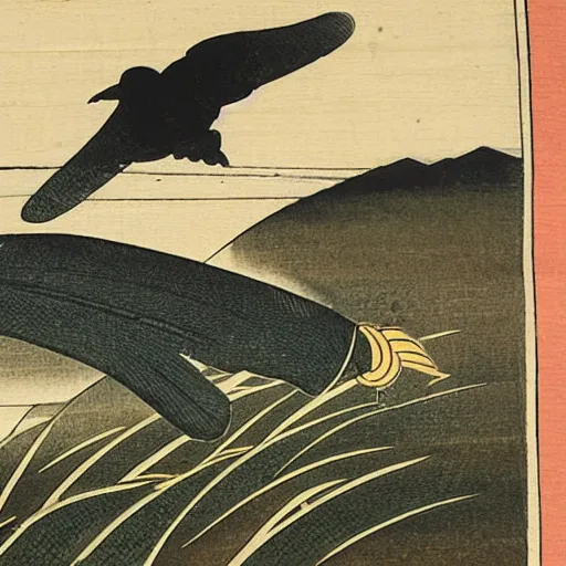 Prompt: ukio-e japanese ink painting of a single hawk circling above a combine in a saskatchewan field