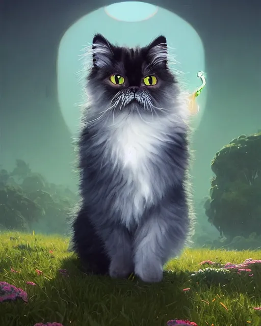 Image similar to highly detailed surreal vfx portrait of a cute, happy persian cat with green eyes, dressed up as a witch, stephen bliss, unreal engine, greg rutkowski, loish, rhads, beeple, makoto shinkai and lois van baarle, ilya kuvshinov, rossdraws, tom bagshaw, alphonse mucha, global illumination, detailed and intricate environment