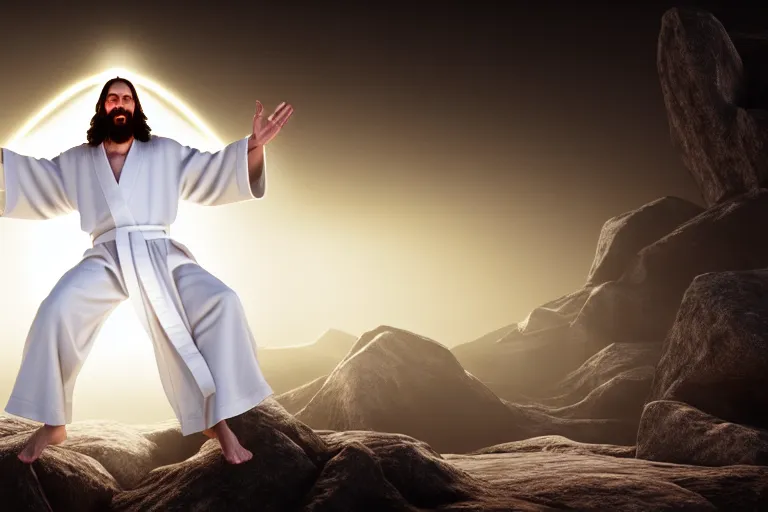 Image similar to jesus christ wearing a white robe strikes a dance pose in the apocalypse, intricate, hyper detailed, accent lighting, dramatic light, 4 k octane render