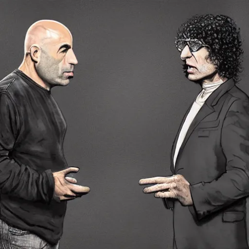 Image similar to Joe Rogan and Howard Stern arguing, intricate, highly detailed, concept art, smooth, sharp focus, illustration, medium shot, mid-shot