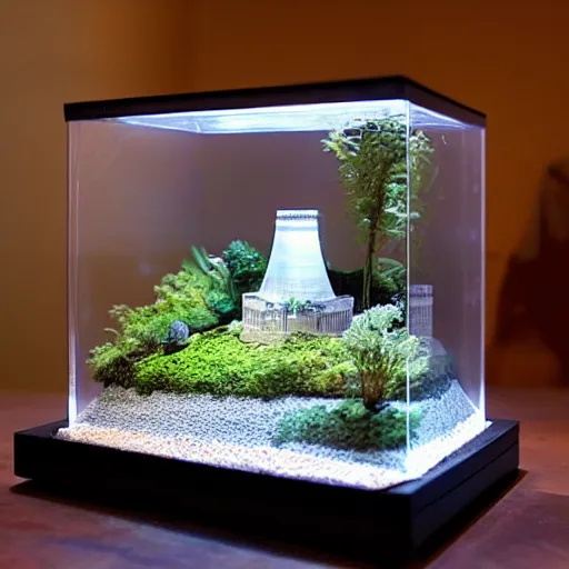 Prompt: a large terrarium with a diorama of a nuclear power industrial site inside on top of a minimalist table, lit from the side